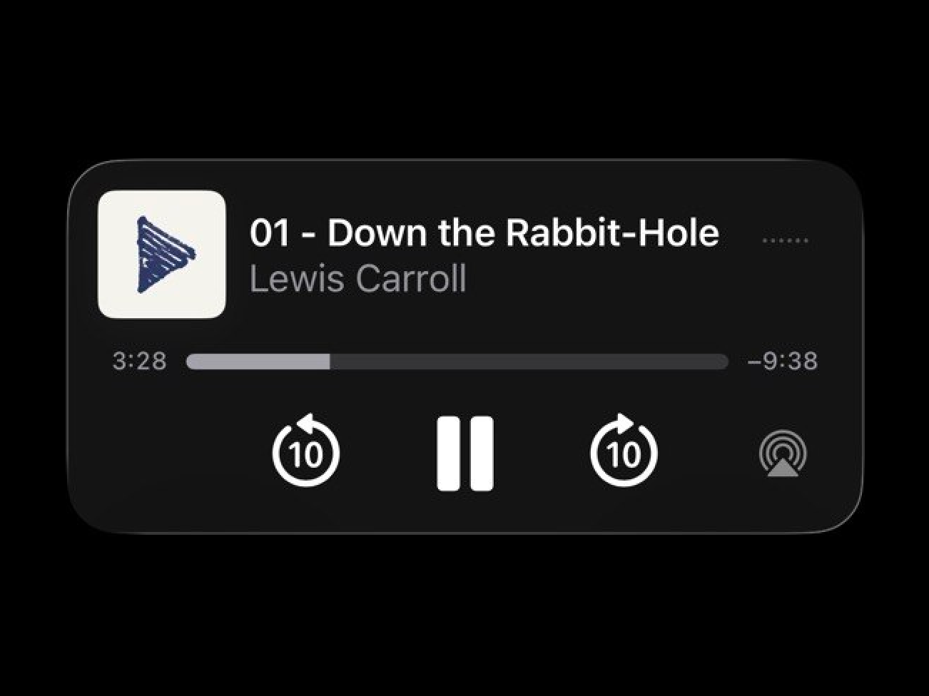The iOS now-playing widget: chapter, author, a scrubber counting down, and skip-ten controls either side of pause
