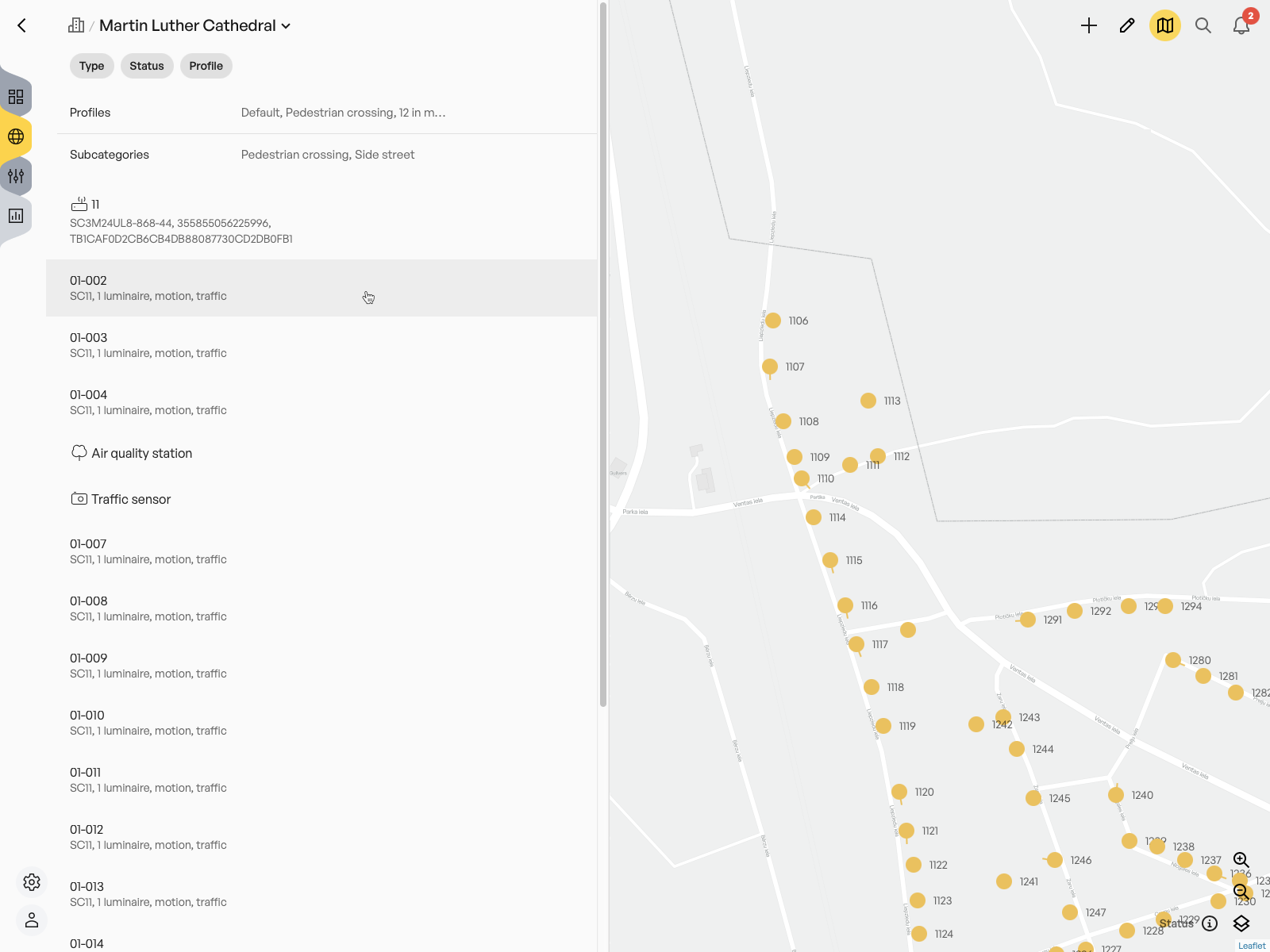 Example of devices displayed on a map